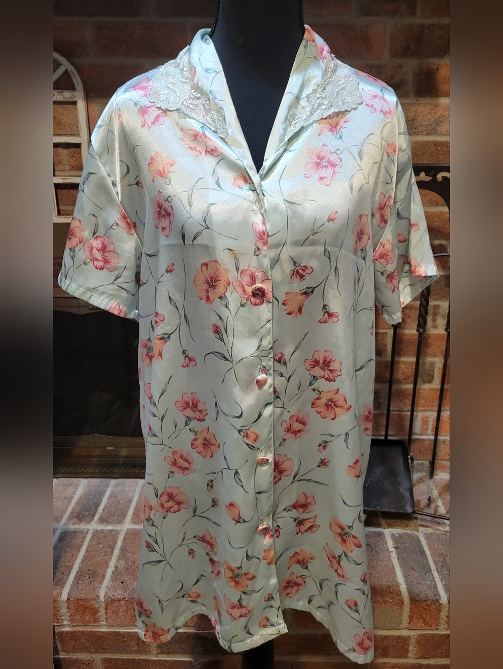 Morgan Taylor Pale Blue Satin Nightshirt with Pink Floral Print